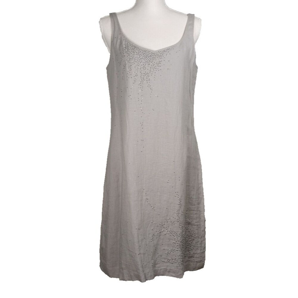 Eileen Fisher Irish Linen Dress 10 Gray Shift Pullover Metal Sequins Lagenlook
